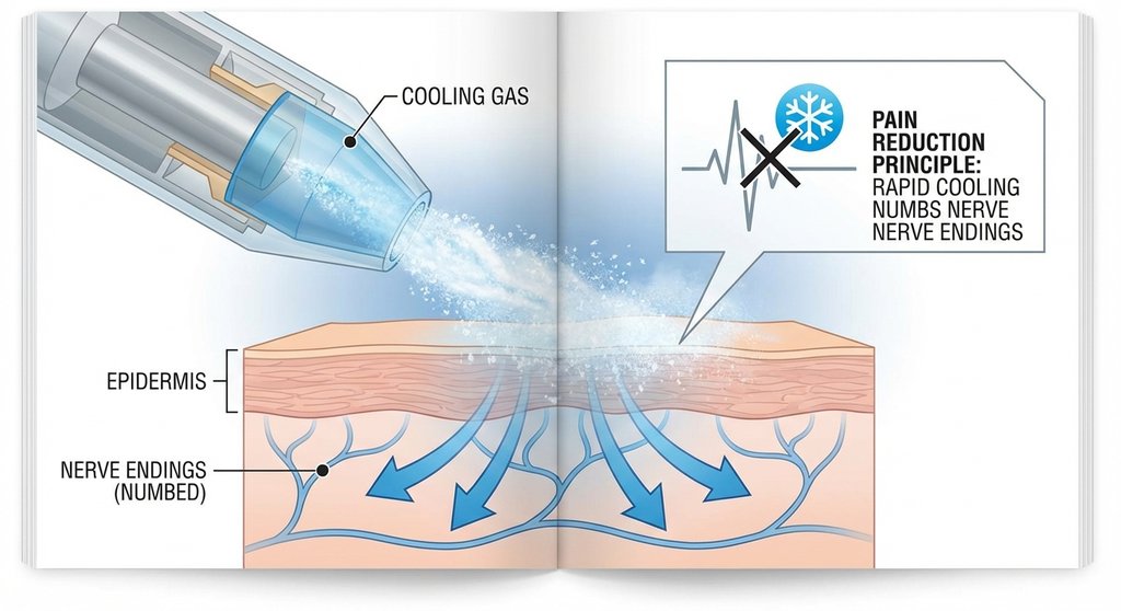 강력한 쿨링 가스가 분사되는 팁 단면도 - 통증 감소 원리