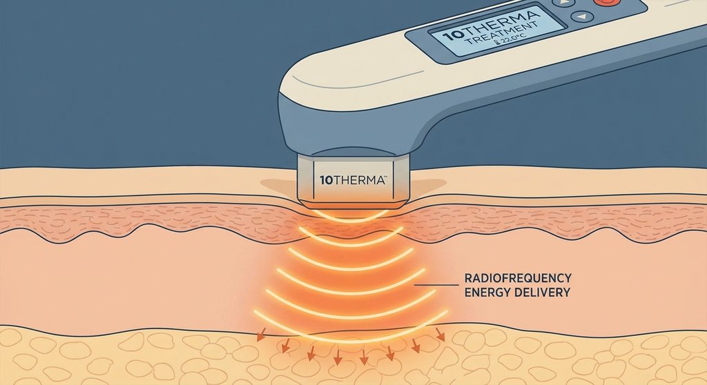 텐써마 팁이 피부에 접촉하여 에너지를 전달하는 일러스트 - 텐써마 시술