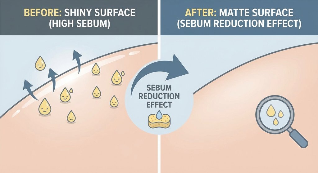번들거리는 표면이 매트하게 변하는 비교 일러스트 - 피지 감소 효과