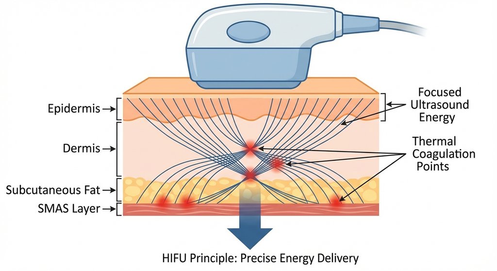 피부 층별로 초음파 에너지가 전달되는 단면도 - HIFU 원리