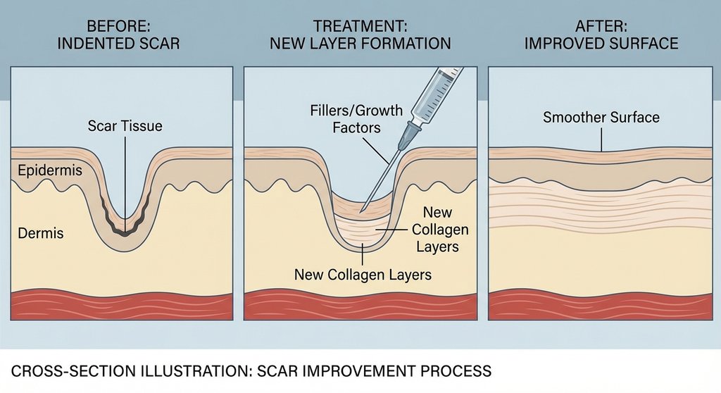 패인 부분이 새로운 층으로 채워지는 단면도 일러스트 - 흉터 개선