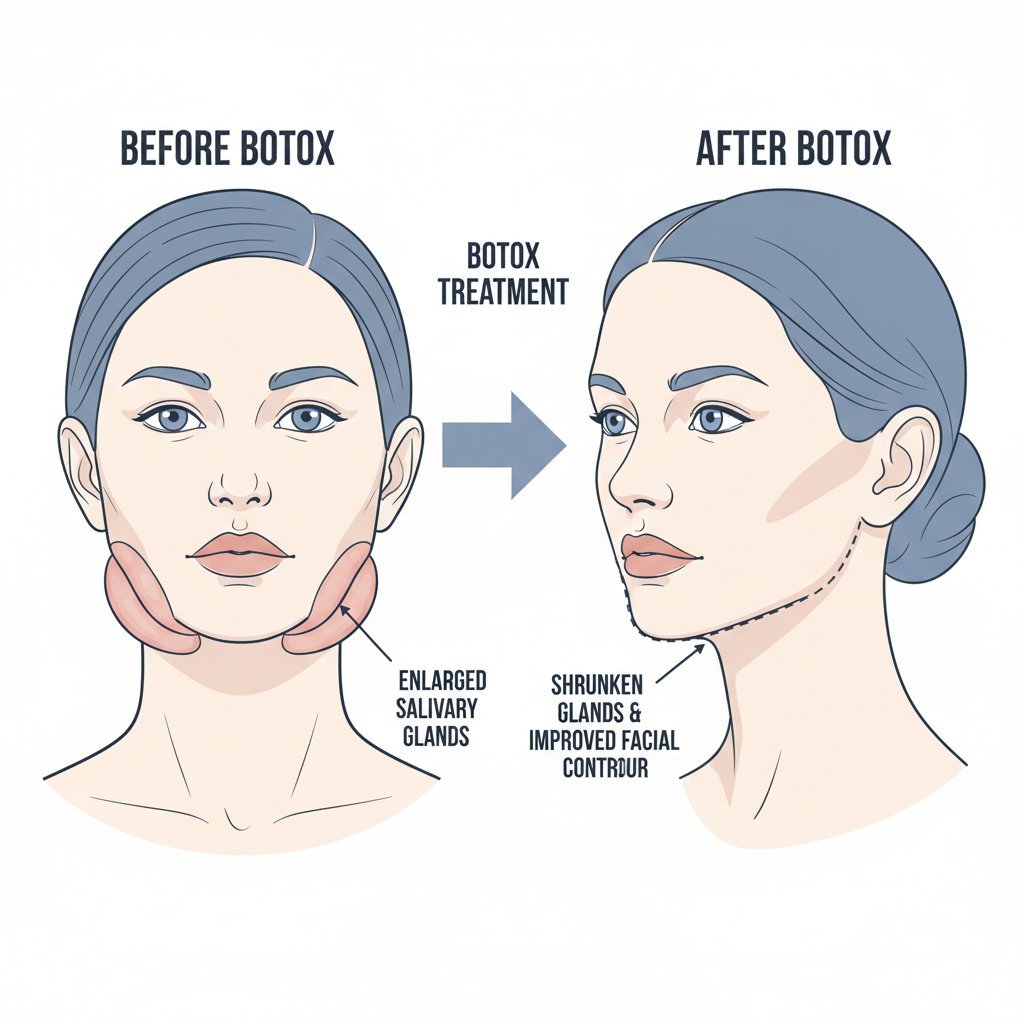 비대해진 침샘이 보톡스로 인해 작아지는 비교 일러스트 - 윤곽 개선