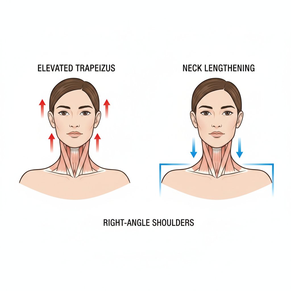 솟았던 승모근이 내려가고 목이 길어지는 비교 일러스트 - 직각 어깨