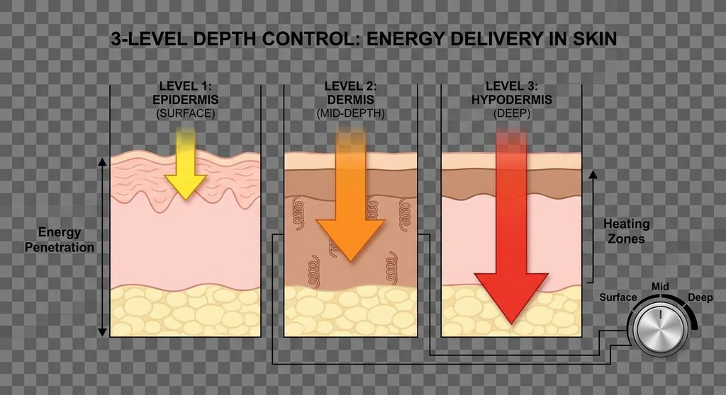 피부 깊이별로 에너지가 전달되는 일러스트 - 3단계 깊이 조절