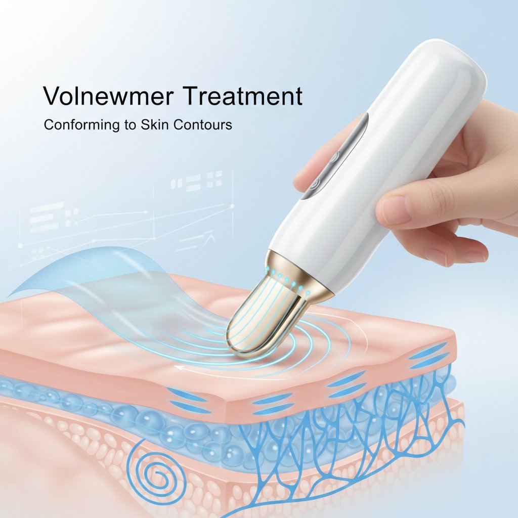 곡면 팁이 피부 굴곡에 맞춰 에너지를 전달하는 일러스트 - 볼뉴머 시술