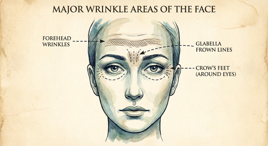 얼굴 주요 주름 부위 표시 일러스트 - 이마, 미간, 눈가